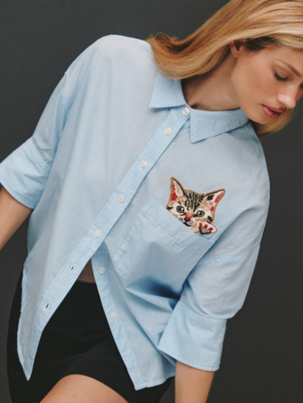 Anthropologie Maeve Peekaboo Cat On The Chest Pocket Shirt